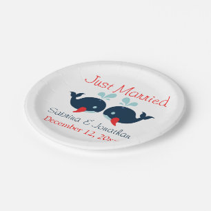 Just Married Navy Blue Red Whales Nautical Wedding Paper Plates