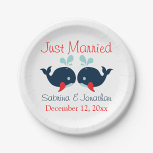 Just Married Navy Blue Red Whales Nautical Wedding Paper Plates