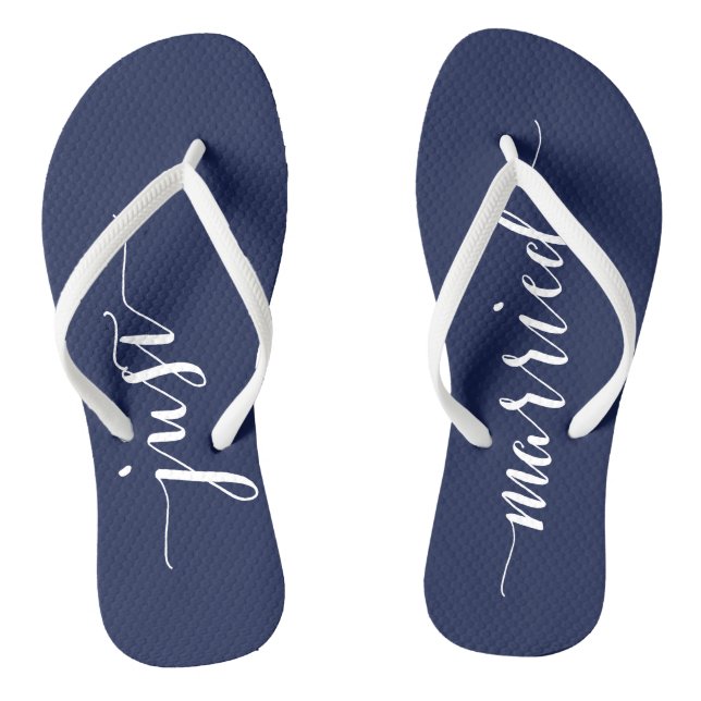 Just Married Navy Blue Wedding Party Flip Flops (Footbed)