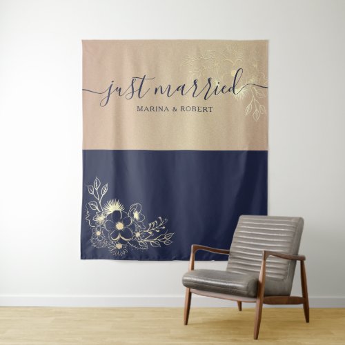 Just Married Navy Blue Wedding Photo Prop Tapestry