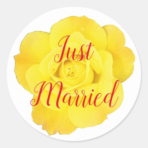 Just Married Newly Weds Wedding Yellow Rose Custom Classic Round Sticker