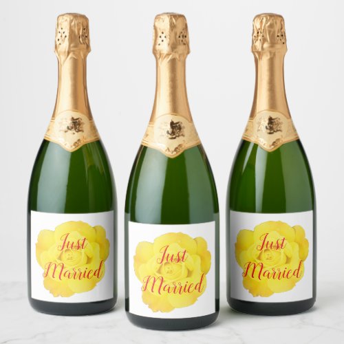 Just Married Newly Weds Wedding Yellow Rose Custom Sparkling Wine Label