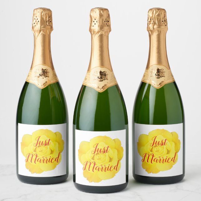 Just Married Newly Weds Wedding Yellow Rose Custom Sparkling Wine Label (Bottles)