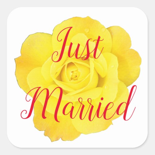 Just Married Newly Weds Wedding Yellow Rose Custom Square Sticker