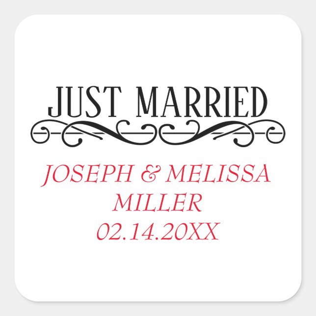 Just Married Newlywed Names Wedding Candle Favors Square Sticker (Front)