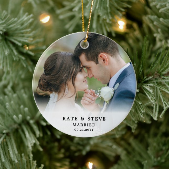 Just Married Newlywed Photo Wedding Keepsake Ceramic Ornament (Tree)
