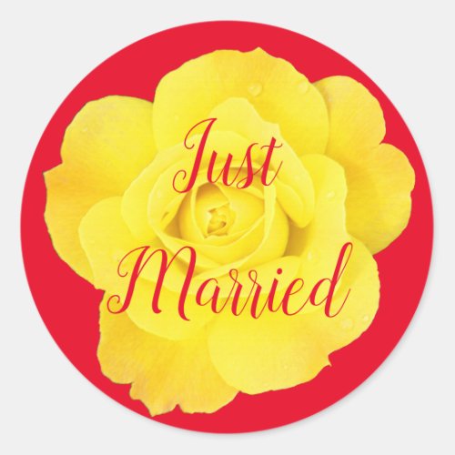 Just Married Newlywed Wedding Yellow Rose Colorful Classic Round Sticker