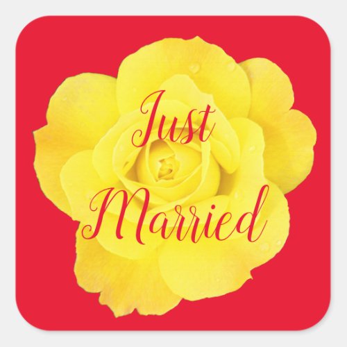 Just Married Newlywed Wedding Yellow Rose Colorful Square Sticker
