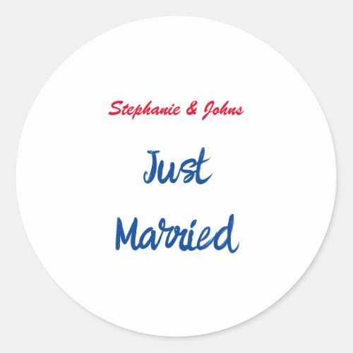 Just Married Newlyweds Custom Name Wedding Classic Round Sticker