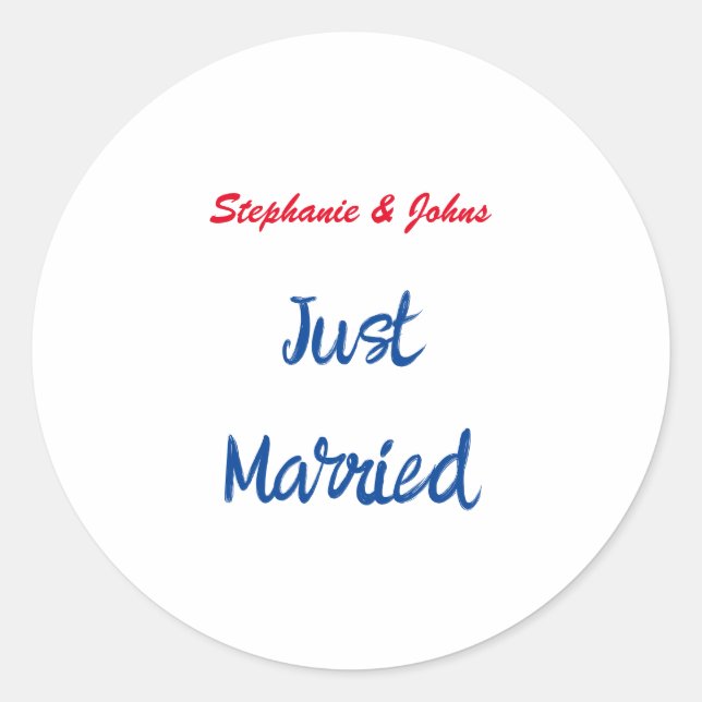 Just Married Newlyweds Custom Name Wedding Classic Round Sticker (Front)