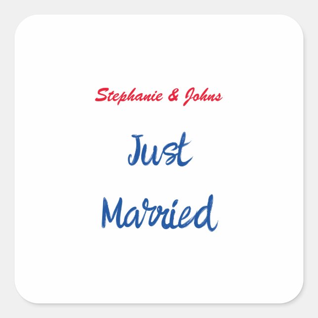Just Married Newlyweds Custom Name Wedding Square Sticker (Front)