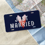 Just Married Newlyweds License Plate<br><div class="desc">Fun license plate for the newlyweds features white "Just Married" text overlay with red ombre heart on dark blue background</div>