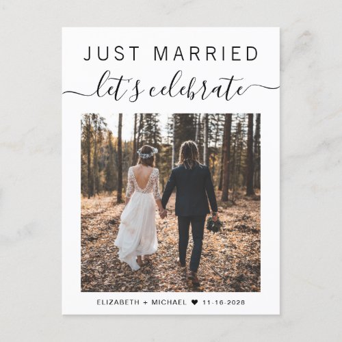 Just Married Now Lets Celebrate Photo Wedding Announcement Postcard