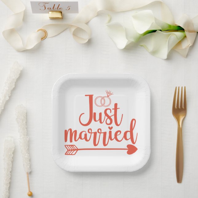 Just Married Orange Paper Plates (Wedding)