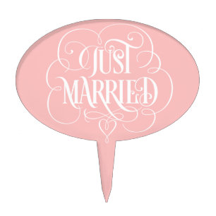 JUST MARRIED Ornate Calligraphy Flourished Heart Cake Topper