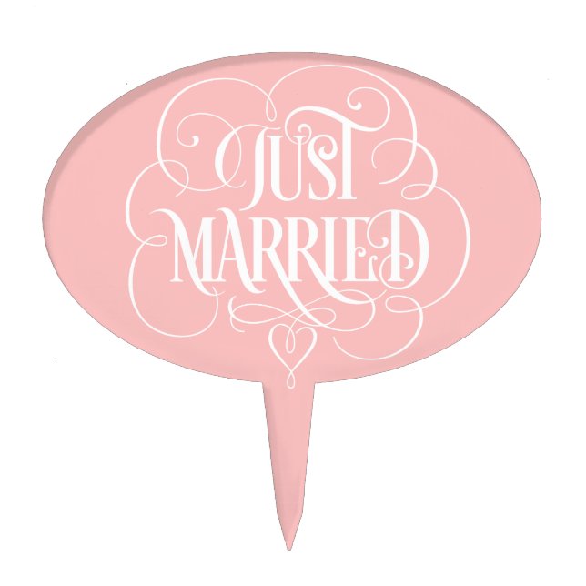 JUST MARRIED Ornate Calligraphy Flourished Heart Cake Topper (Front)