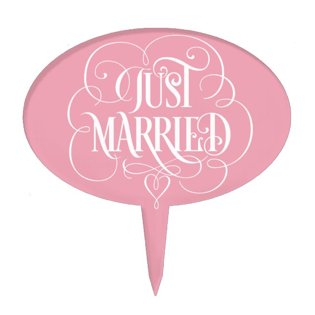 JUST MARRIED Ornate Calligraphy Flourished Heart Cake Topper (Front)