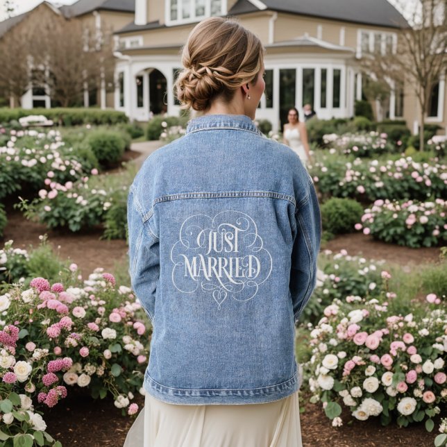 JUST MARRIED Ornate Calligraphy Lettering Heart Denim Jacket (Wedding Back)