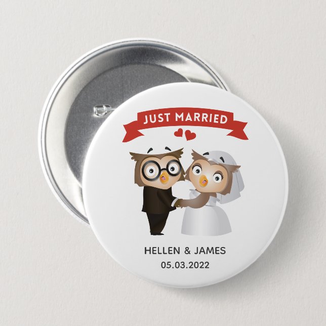 Just Married Owl Wedding  Button (Front & Back)
