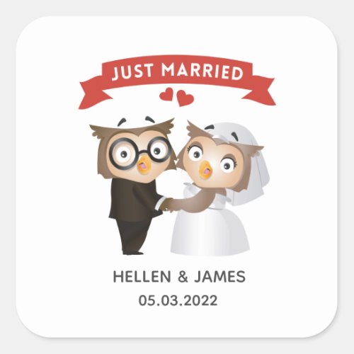 Just Married Owl Wedding  Square Sticker