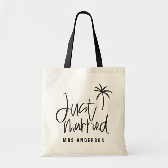 Just married palm tree wedding gift beach tote bag (Front)