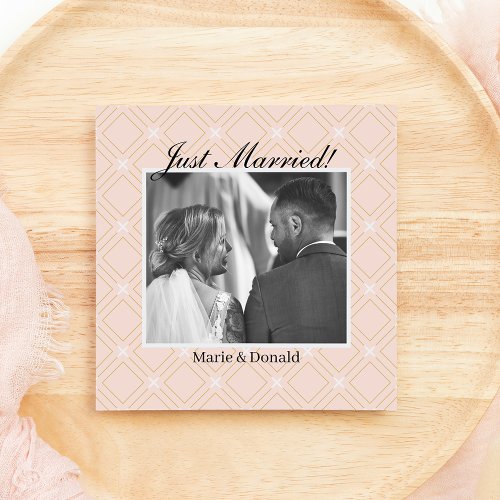 Just Married Pastel Peach and Gold Geometric Holiday Card