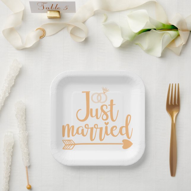 Just Married Peach Paper Plates (Wedding)