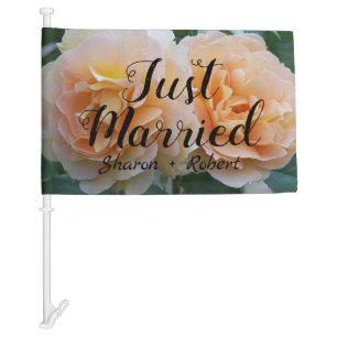 Just Married Peach Roses Wedding Newlyweds Car Flag