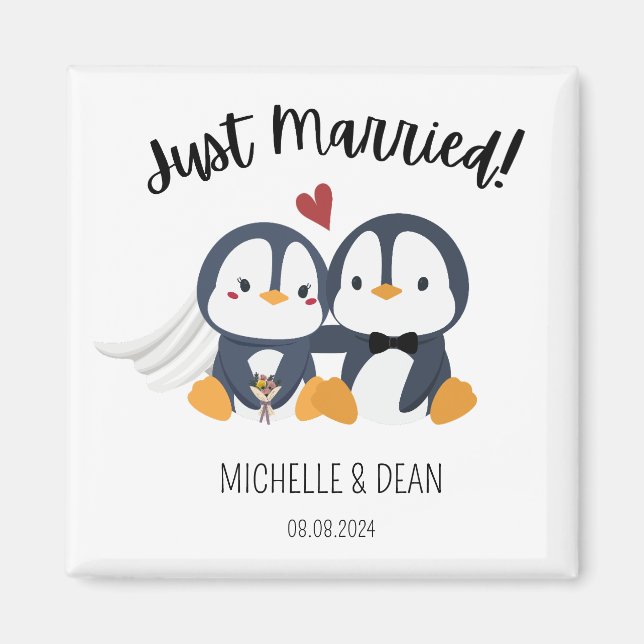 just married penguin cute giveaway personalized magnet (Front)
