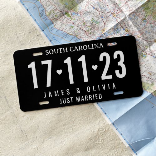Just Married Personalized Black Wedding Date Sign License Plate