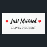 Just Married Personalized Door Sign<br><div class="desc">Just married text with white background and two red hearts.</div>