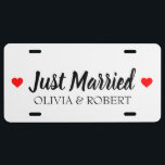 Just Married Personalized License Plate<br><div class="desc">Just married text with white background and two red hearts.</div>