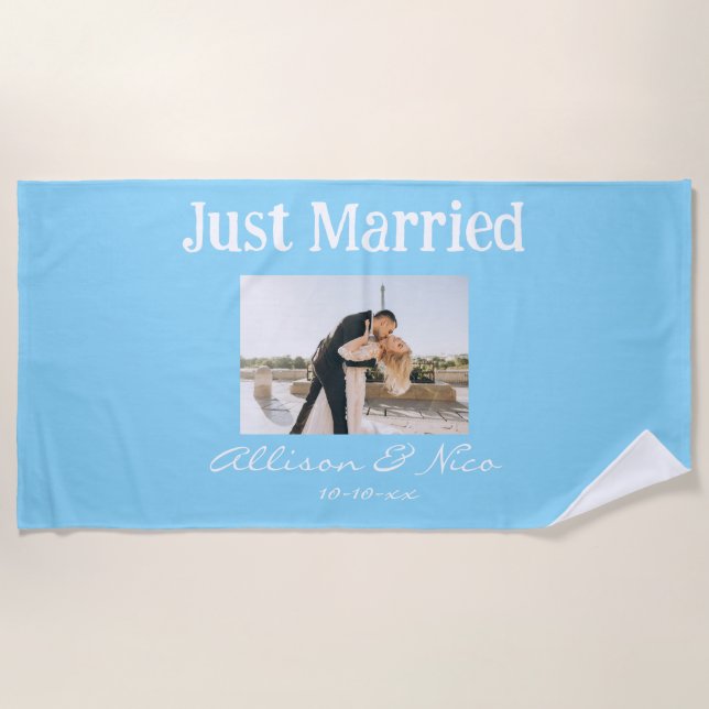 Just Married Personalized Photo and Text Wedding Beach Towel (Front)