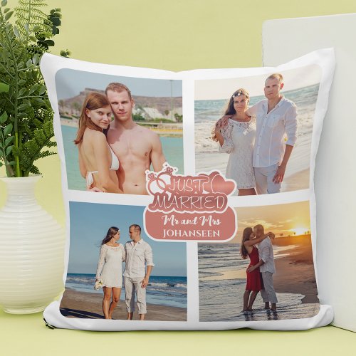 Just Married Photo Collage Wedding Family Gift Throw Pillow