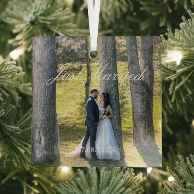 Just Married Photo Glass Ornament (Insitu)