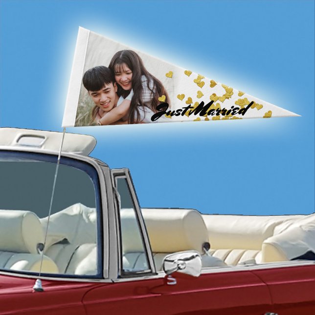 Just Married Photo Gold Heart Newlywed Getaway Car Pennant Flag (Creator Uploaded)