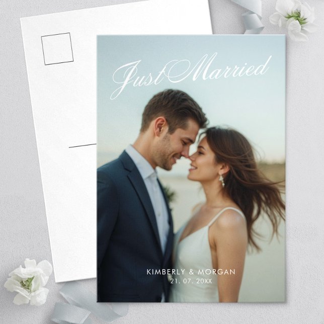 Just Married Photo Modern Wedding Announcement Postcard (Creator Uploaded)