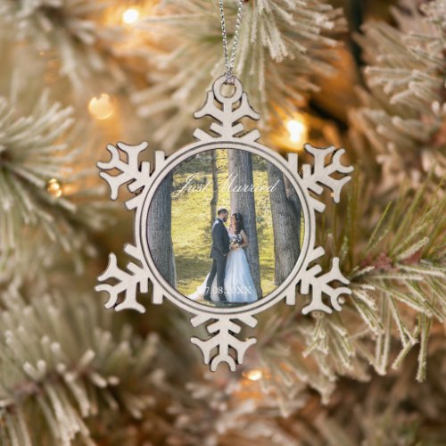 Just Married Photo Snowflake Pewter Christmas Ornament