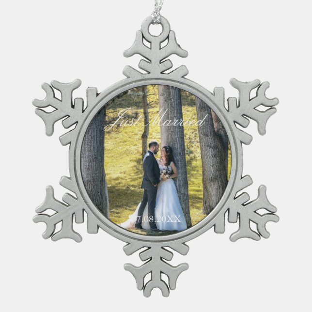 Just Married Photo Snowflake Pewter Christmas Ornament (Front)