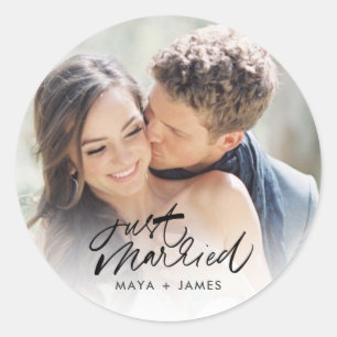 Just Married Photo Wedding Favor Classic Round Sticker