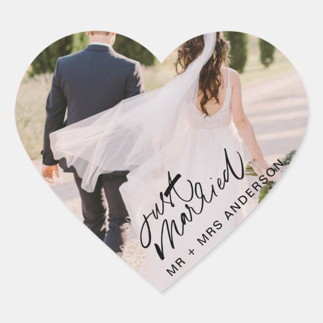 Just Married Photo Wedding Thank You Favor Heart Sticker (Front)