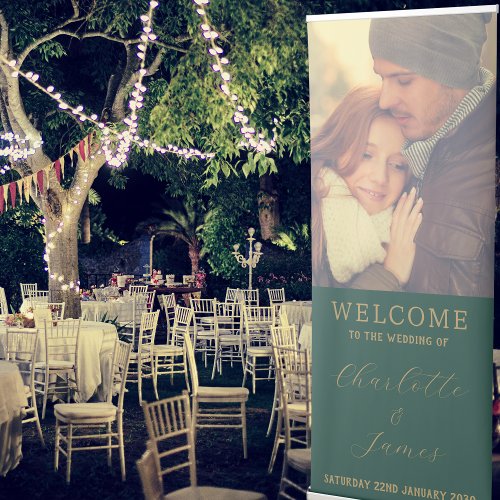 Just Married Photo Wedding Welcome Green Retractable Banner