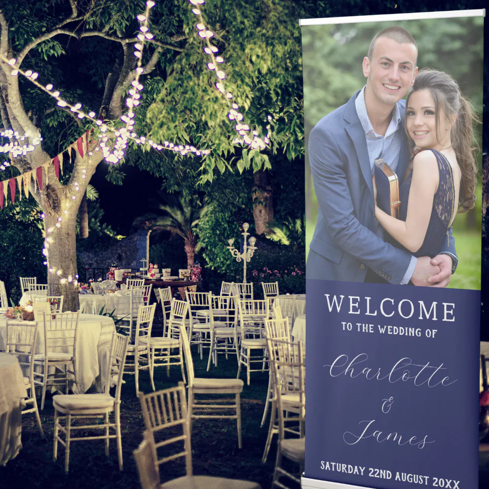 Just Married Photo Wedding Welcome Navy Blue Retractable Banner