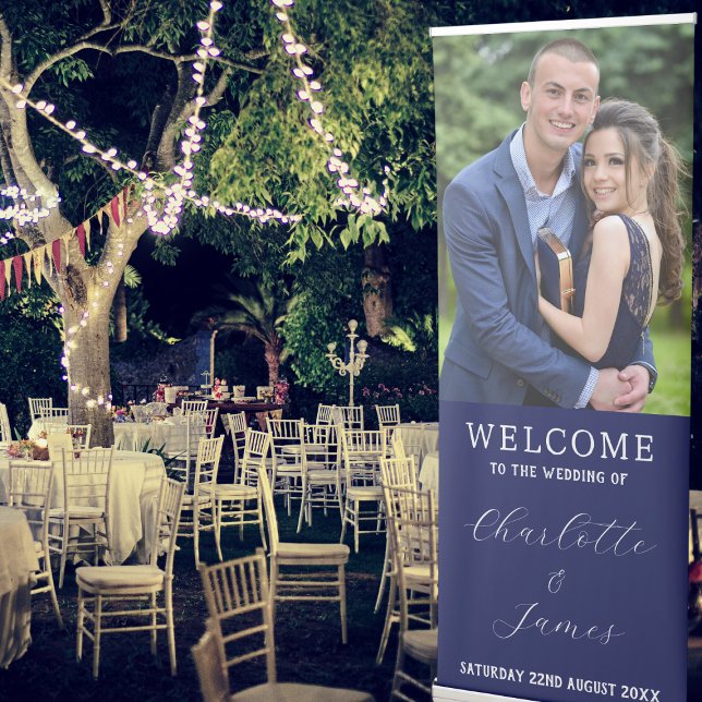 Just Married Photo Wedding Welcome Navy Blue Retractable Banner (Outdoor Wedding Reception)