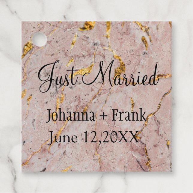 Just Married Pink and Gold Marble Favor Tags (Front)
