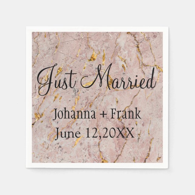 Just Married Pink and Gold Marble Napkins (Front)