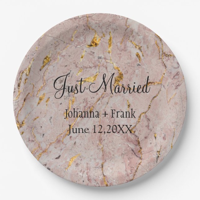 Just Married Pink and Gold Marble Paper Plates (Front)