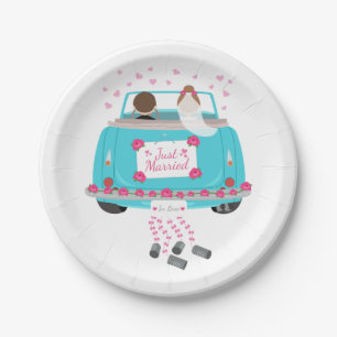 Just Married Pink Blue Wedding Bride Groom Paper Plates