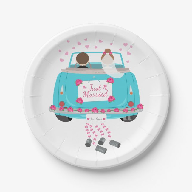 Just Married Pink Blue Wedding Bride Groom Paper Plates (Front)