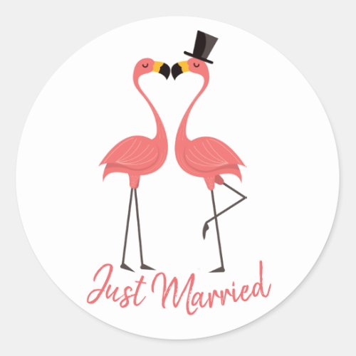 Just Married Pink Flamingo Tropical Beach Wedding Classic Round Sticker